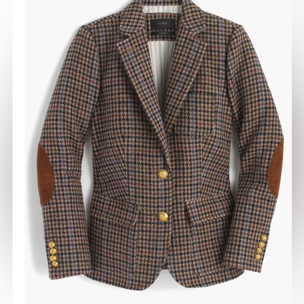 J. Crew Women's 100% Wool Houndstooth Blazer - Brown and Black with Gold Buttons